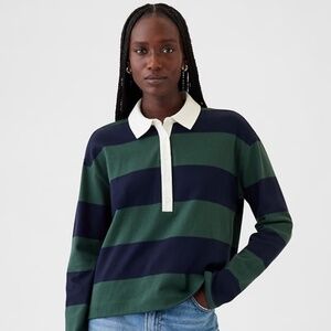 GAP Cropped Rugby Polo Shirt in Navy Blue/Green Stripe (Size S)
